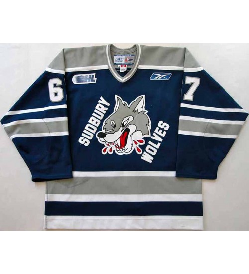 Custom OHL Sudbury Wolves 2004 05 67 Benoit Pouliot Hockey Jersey Blue